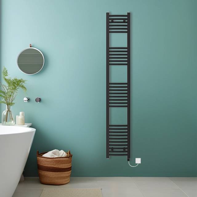 (Black, 1800x300mm) Bathroom Curved Prefilled Electric Heated Towel Rail Ladder Warmer Radiator