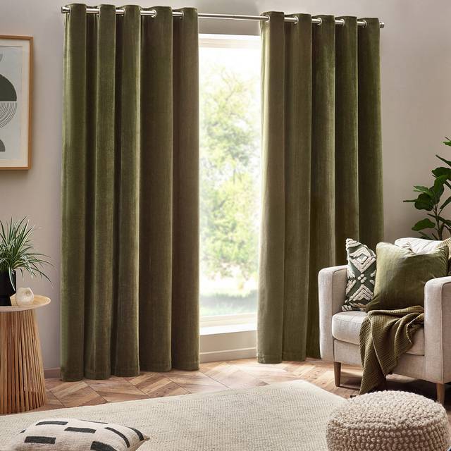 Yard Olive Heavy Chenille Velvet Eyelet Curtain 117 x 137cm - Yard Living - Green - W 137 x D 117cm