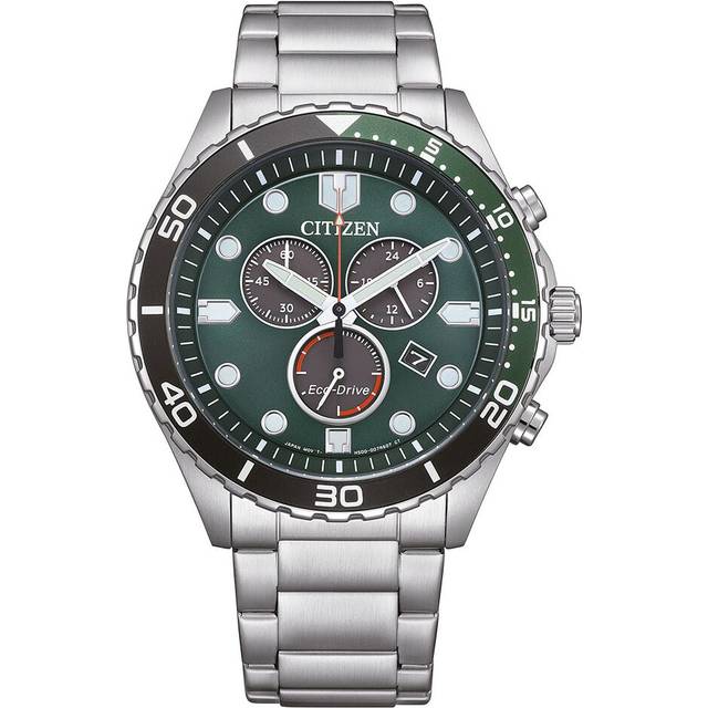 Citizen Eco-Drive Chronograph GMT Stainless Steel Green Dial AT2561-81X 100M Men's Watch green