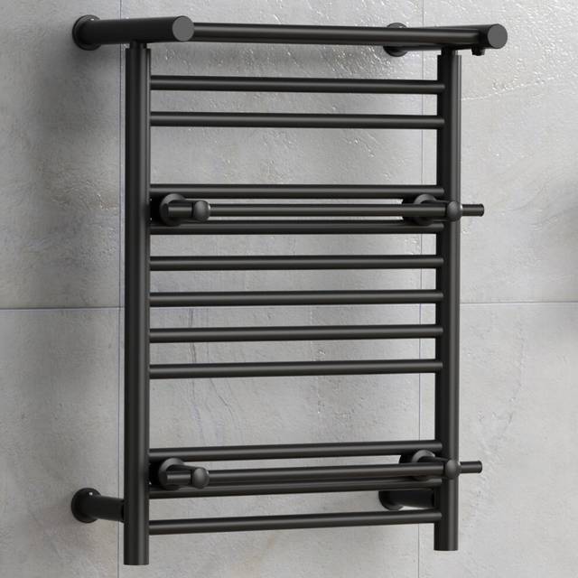 (Matt Black, No Valves) Designer Heated Towel Rail Radiator With Top Shelf OSLO