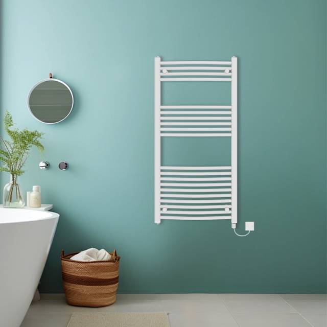 (White, 1200x600mm) Bathroom Curved Prefilled Electric Heated Towel Rail Ladder Warmer Radiator