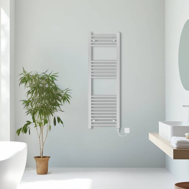 (Chrome, 1200x400mm) Prefilled Electric Straight Heated Towel Rail Radiator Ladder Warmer