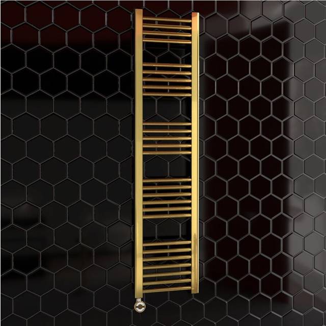 (550 x 1600 mm (h)) 550mm Wide Gold Electric Bathroom Towel Rail Radiator With Thermostatic Electric Element UK Pre-Filled