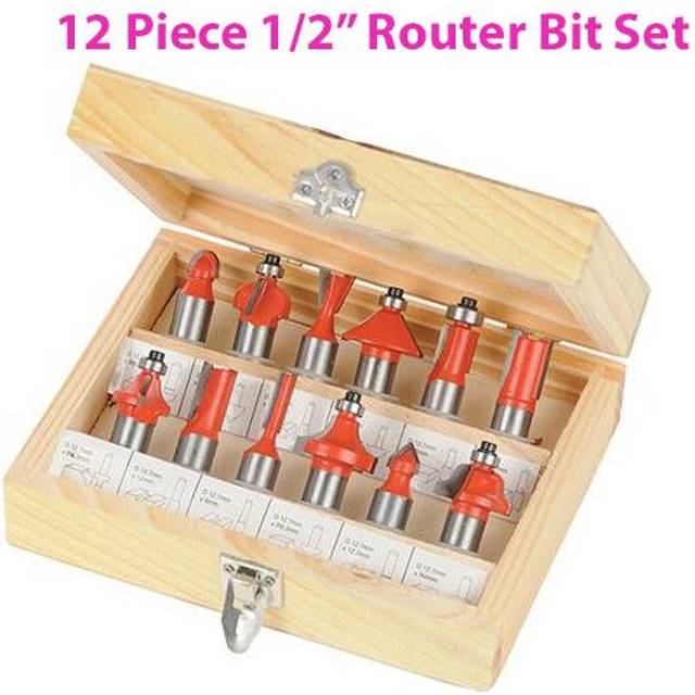 "12 Piece 1/2"" Inch TCT Router Bit Set Woodwork Cutting Wooden Case"