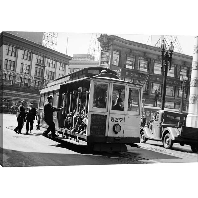 1937 Anonymous Silhouetted Cable Car Gripman Turning Car Around at Market Street San Francisco California USA - Wrapped Canvas Photograph (20.32 cm H x 30.48 cm W)