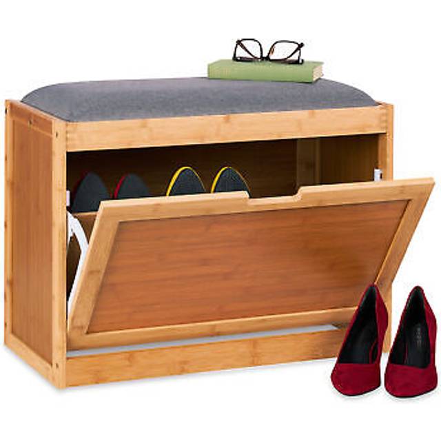 Shoe Bench with Large Seat, Slipper for Hallway, 2 Adjustable Shelves, Bamboo, 49 x 63 x 23.5cm, Natural/Grey - Relaxdays