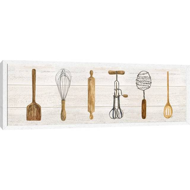 Vintage Kitchen Utensils Panel by Tara Reed - Panoramic Graphic Art Print on Canvas - White Framed (121.92 cm H x 40.64 cm W)
