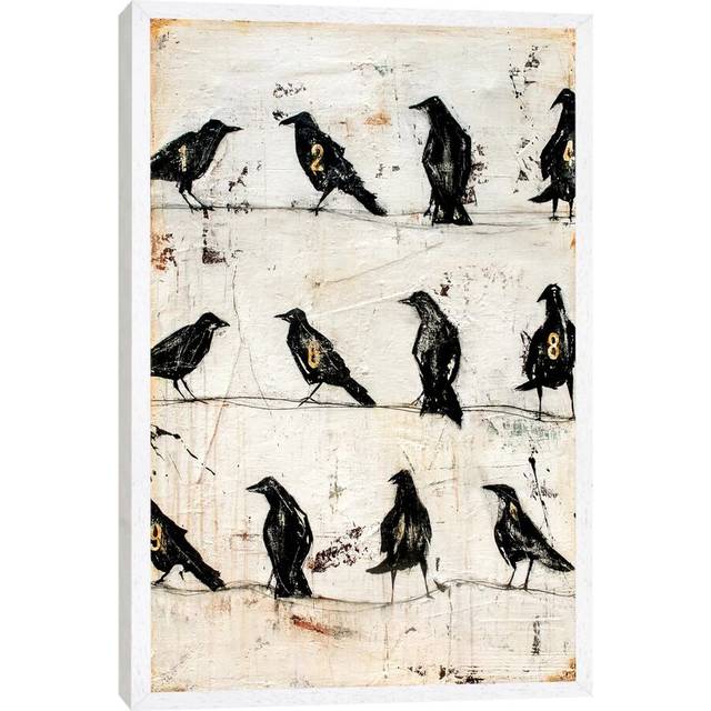 &#39;Crows on the Line&#39; by Erin Ashley - Floater Frame Graphic Art Print on Canvas - White Framed (66.04cm H X 45.72cm W)
