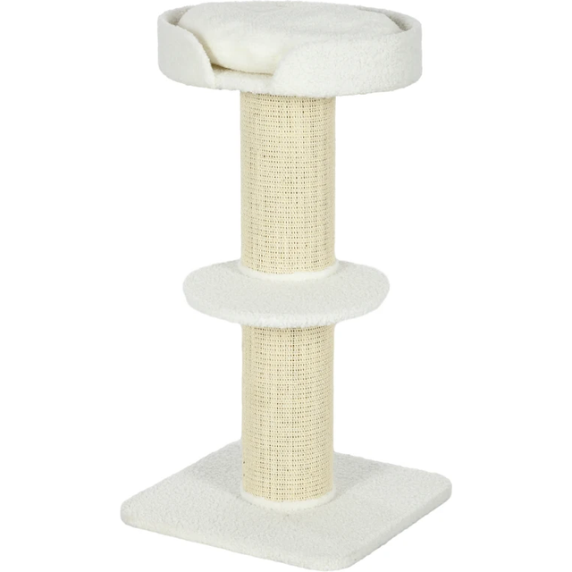 PawHut 2 Tier Sisal Sherpa Cat Tree with Basket Cushion Sisal Post Cream White Aosom UK