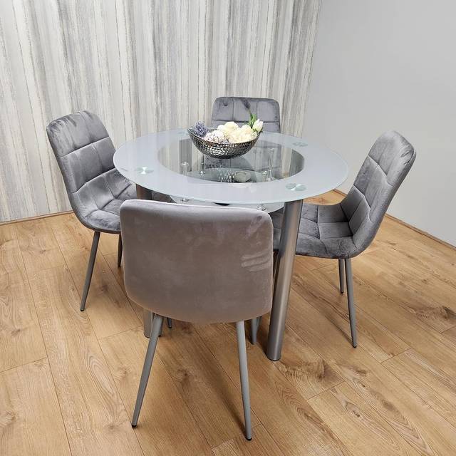 Portland Rocco 4 Seater Round Glass Velvet Dining Set Grey