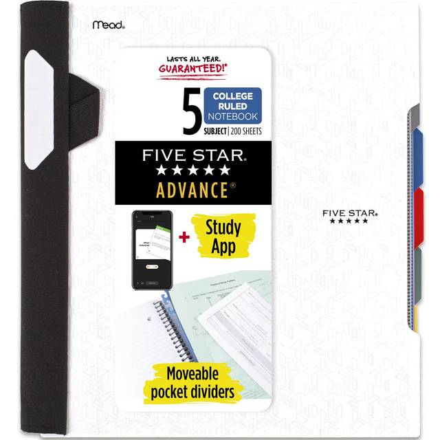 Five Star Spiral Notebook + Study App  5 Subject  College Ruled Paper  Advance Notebook with Spiral Guard  Movable Tabbed Dividers and Expanding Pocke