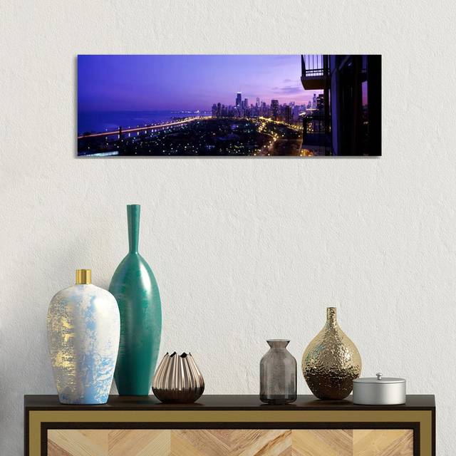High Angle View Of A City At Night, Lake Michigan, Chicago, Cook County, Illinois, USA - Wrapped Canvas Panoramic Photograph (30.48cm H x 91.44cm W x 3.81cm D)