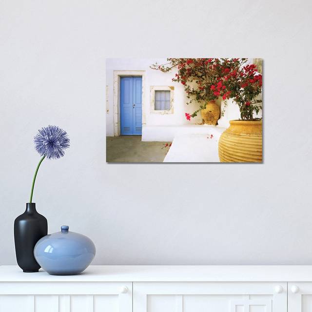 Greece, Santorini. Blue Door to House and Potted Flowers. by Jaynes Gallery - Wrapped Canvas Art Prints (30.48 cm H x 45.72 cm W)