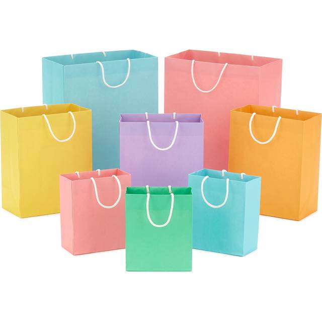 "Recyclable Gift Bag Assortment (8 Bags: 3 Small 6"", 3 Medium 9"", 2 Large 13"") Pastel Blue, Pink, Yellow, Purple, Orange, Green for Birthdays, Easter,"