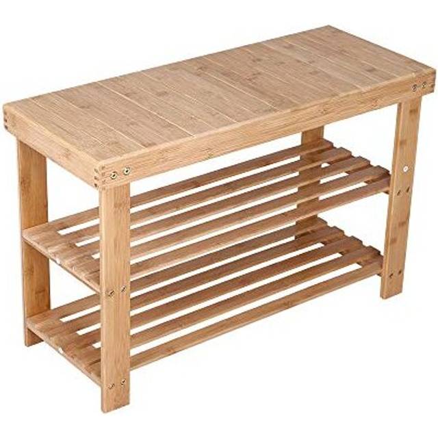 Bamboo Shoe Rack Bench 3 Tier Entryway Seat Shoe Organizer Storage Shelf (Yellow)