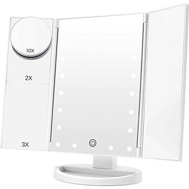 Makeup Mirror with Light, Trifold Vanity Mirror 1x/2x/3x/10x Magnifying Mirror with LED Lights Touch Screen 180 Degree Adjustable Rotation Dual Power