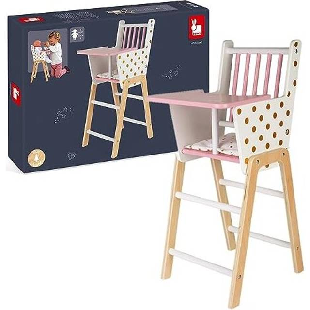 Janod - Candy Chic - Wooden High Chair for Dolls Up to 16,5 inch - Dolls Accessories - Suitable for Ages 3 and Up, J05888, White