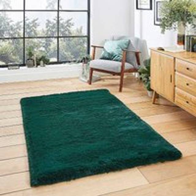 Think Rugs Super Teddy Jewel Green Rectangle 150 x 230cm Polyester Plain Shaggy, Cream