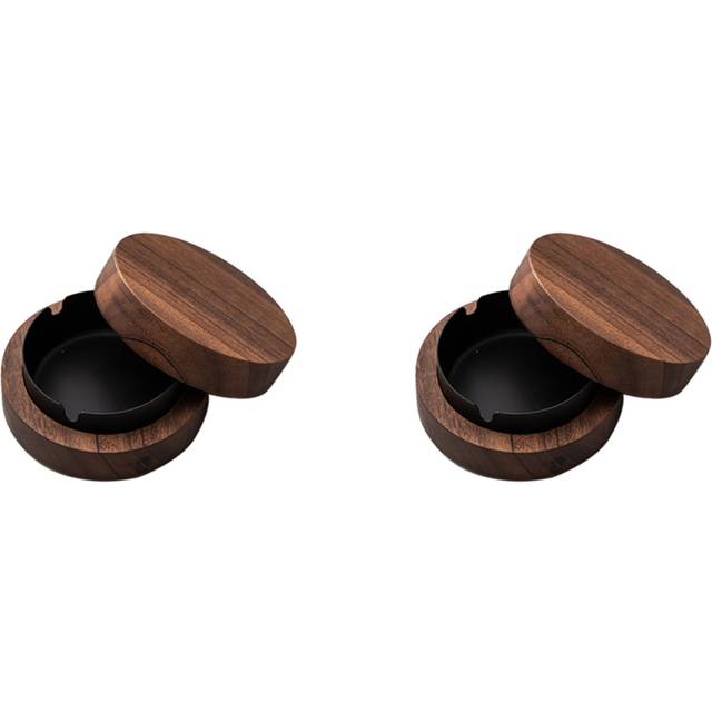 2X Walnut Ashtray with Lids Windproof Wooden Ashtray Portable Ash Holder for Smokers Desktop Office,Men's Gift(Black)