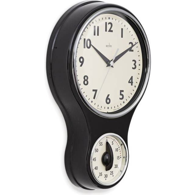 Kitchen Time Wall Clock Timer Quartz Retro Style Domed Glass Lens 20cm - Black - One Size