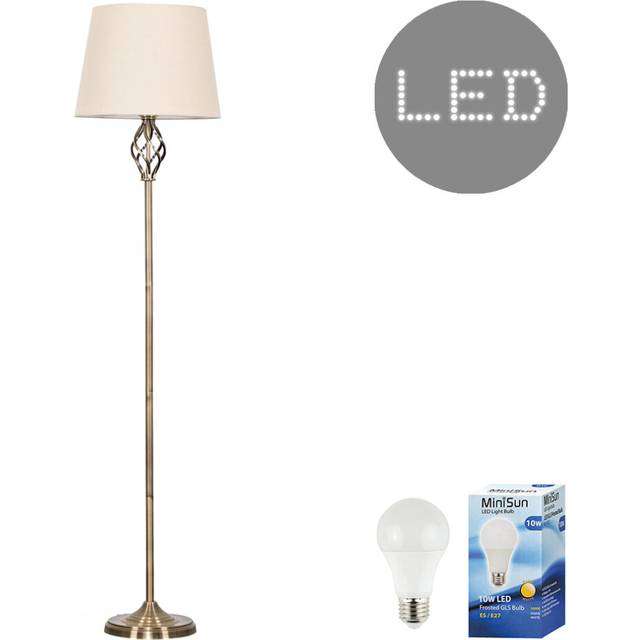 Traditional Style Antique Brass Barley Twist Floor Lamp with a Beige Tapered Light Shade - Complete with a 10w LED GLS Bulb [3000K Warm White]