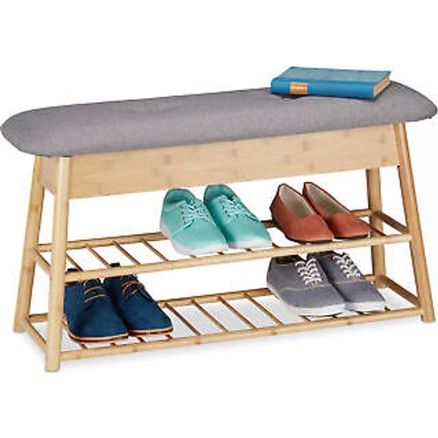 Relaxdays - Shoe Bench for 8 Pairs, 2 Levels, Foldable Seat Pad, 2 Storage Compartments under Lid, Bamboo, hwd: 48x90x28 cm, Natural