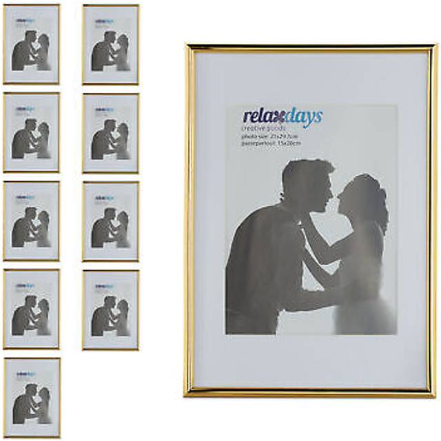 Relaxdays Picture Frame, Set of 10, 20x30cm, Wood, Portrait & Landscape Format, Passepartout, Plastic, Gold and White
