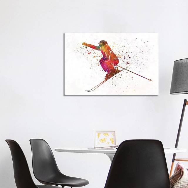 Woman Skier Skiing Jumping 03 in Watercolour by Paul Rommer - Wrapped Canvas Painting (66.04cm H x 101.6cm W x 3.81cm D)