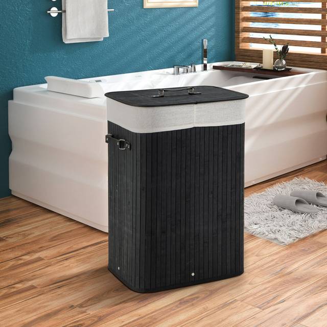 Bamboo Laundry Bin with Handles - Black (60cm H X 42cm W X 32cm D)