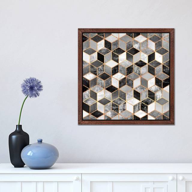Black and White Cubes by Elisabeth Fredriksson - Graphic Art Print on Canvas - Brown Framed (93.98cm H x 93.98cm W x 3.81cm D)