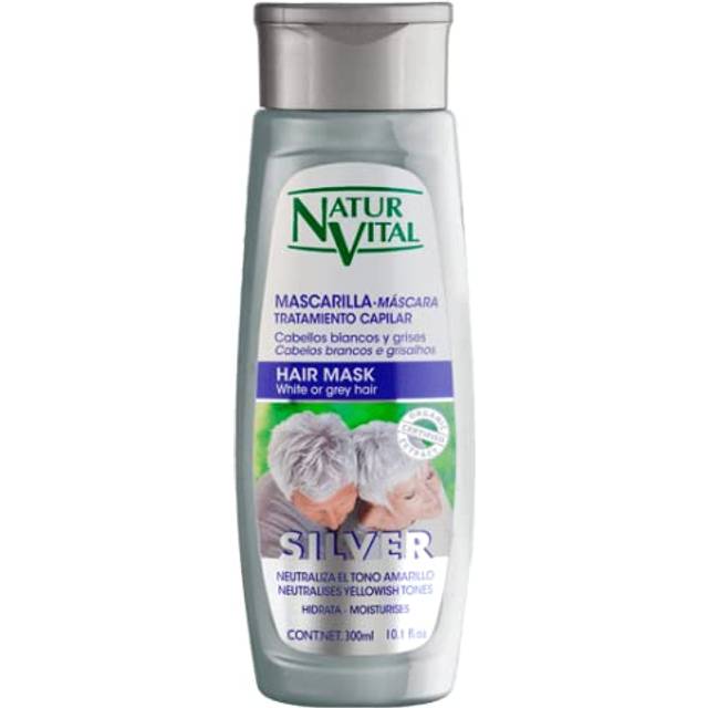 Natur Vital Silver Mask for White/Gray Hair 300 ml. Neutralizes Yellowish Tones. with Blueberry  Aloe Vera and Provitamin B5 NO PARABENS NO SULFATES