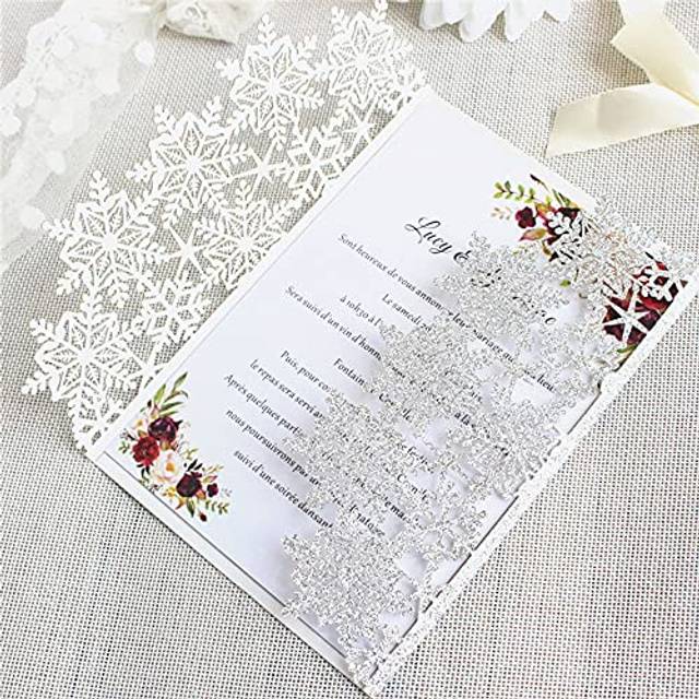 50sets Christmas Snowflake invitations snow Flower Laser Cut Wedding Invitation Card custom white Lace Invites with Envelope & Inner Paper (Gliter Sil