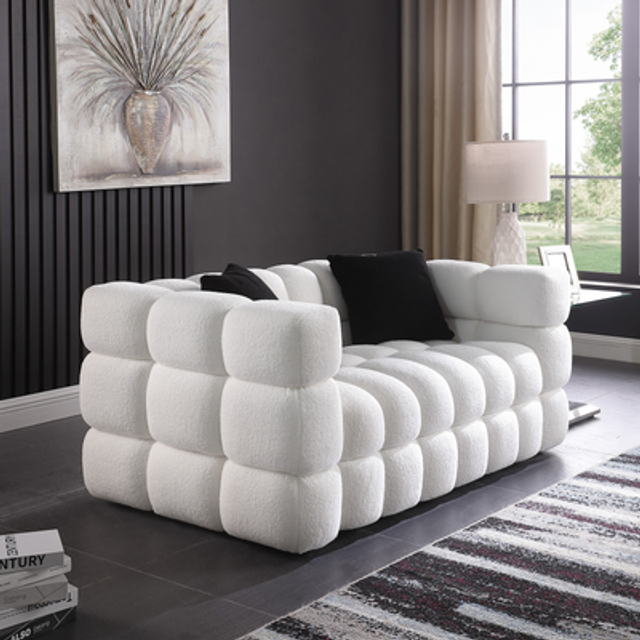 3-Seater Teddy Fleece Boucle Bubble Sofa With Pillows In Cream | Wowcher