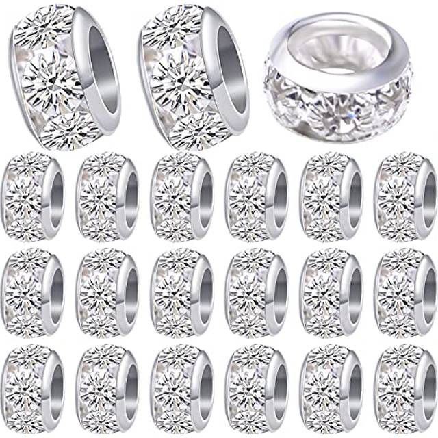 40pcs 10 mm Silver European Rhinestone Spacer Beads Brass Large Hole Beads Round Rondelle Loose Charm Beads for Snake Chain Bracelet Necklace Jewelry