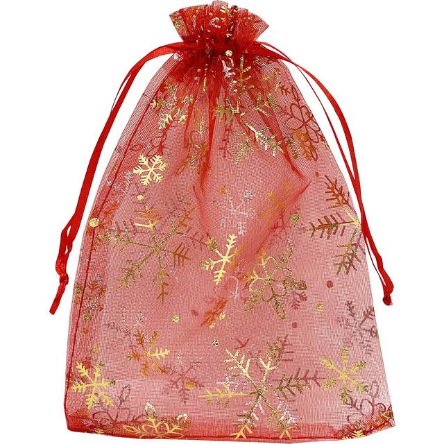 Jexila 100PCS Christmas Organza Bag 5''X7'' Red Snowflake Mesh Drawstring Jewelry Gift Bags for Xmas Wedding Party Favor Treat Bags