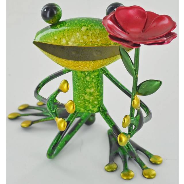 Melbourne Metal Frog with a Flower Decorative Statue - Green;Red;Yellow (15cm H X 13cm W X 7cm D)