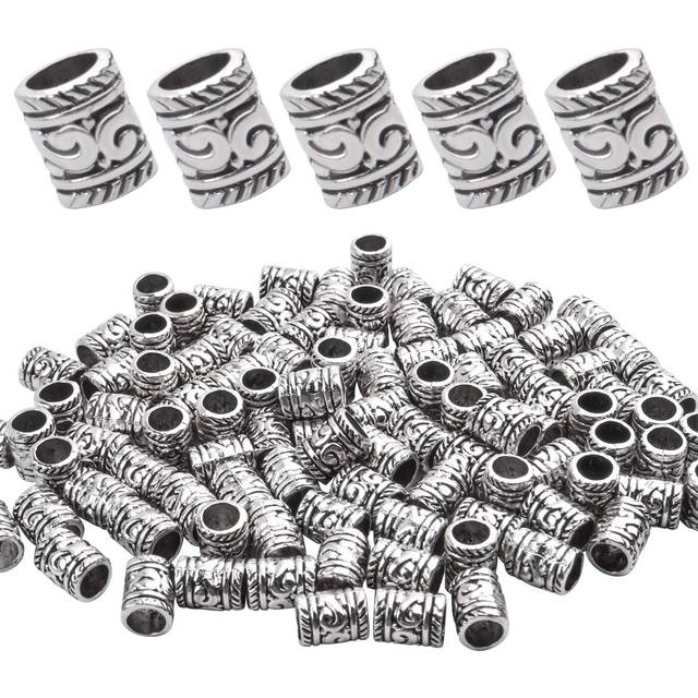 BronaGrand 100pcs Antique Silver Spacer Beads Large Hole Beads Charms Hollow Tube Bead for DIY Necklace Bracelets