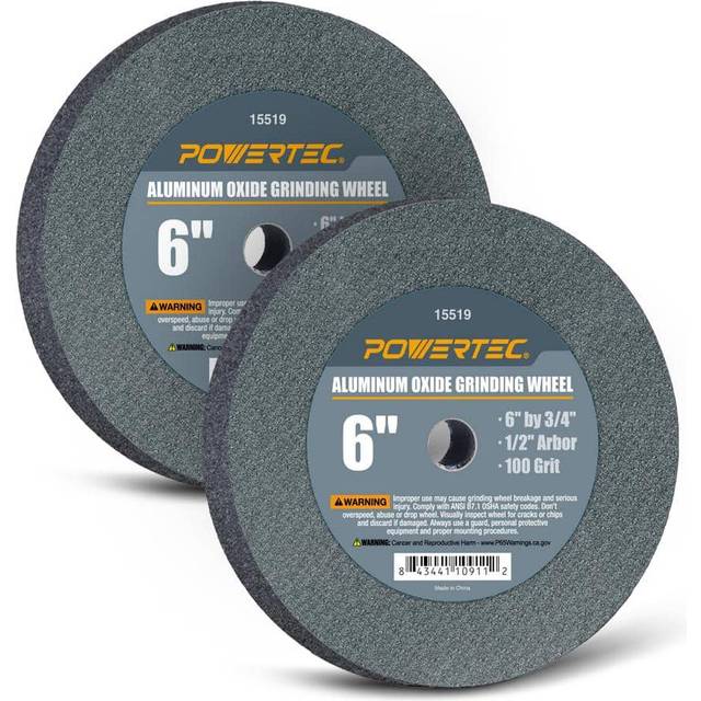 POWERTEC 15519-P2 Aluminum Oxide Grinding Wheel 6 x 3/4 with 1/2 Arbor  100 Grit  2 PK