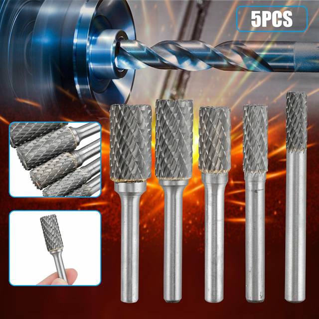 5Pcs 1/4 Inch Double Cut Tungsten Carbide Rotary Burr Die Grinder Shank Bit Set 5Pcs
