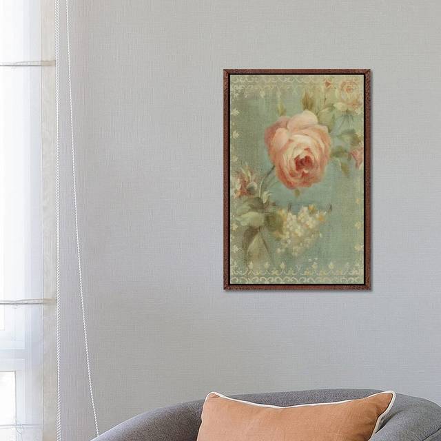 Rose on Sage by Danhui Nai - Painting Print on Canvas - Classic Brown Wood Framed (66.04 cm H x 45.72 cm W)