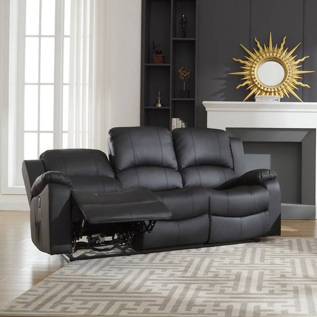 Abdoul 3 Seater Vegan Leather Electric Reclining Sofa - Black (103cm H X 201cm W X 99cm D)