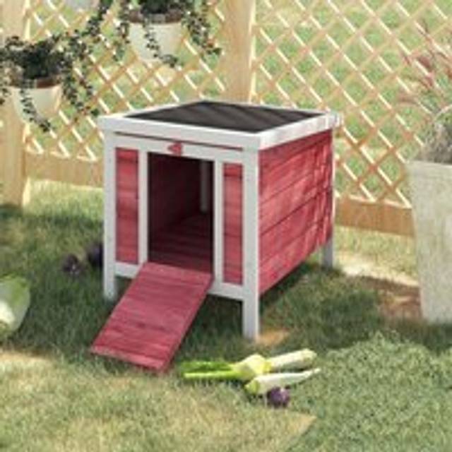 PawHut Wooden Rabbit Hutch Outdoor, Guinea Pig Hutch, Rabbit Hideaway, Cat House, Bunny Cage Small Animal House 51 x 42 x 43 cm, Red