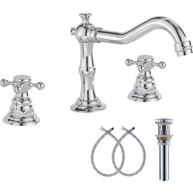 GGStudy Two Handles Three Holes Faucet 8-16 inch Widespread Bathroom Sink Faucet Chrome Basin Mixer Tap Matching Metal Pop Up Drain with Overflow