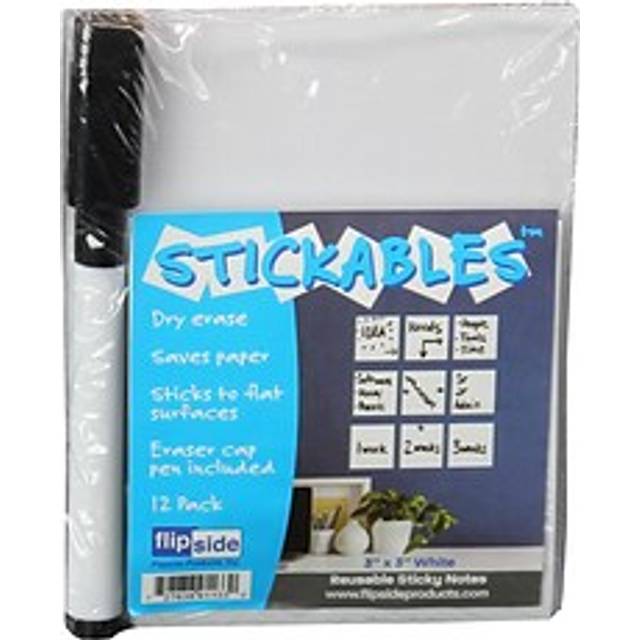 "Flipside Products Dry Erase Stickables with Dry Erase Marker  White  3"""" x 3""""  12 Per Pack  2 Packs"