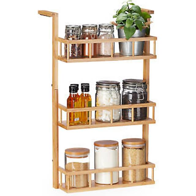 Relaxdays - Spice Rack, for Hanging & Standing, Kitchen Cabinet, Worktop, 3 Shelves, Bamboo, hwd: 68x43x24 cm, Natural