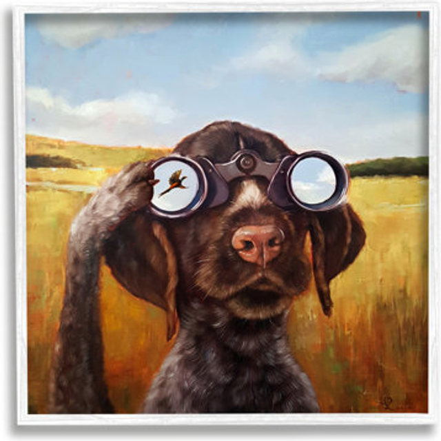 Stupell Industries Dog Watching Bird Binoculars White Framed Giclee Art Design by Lucia Heffernan