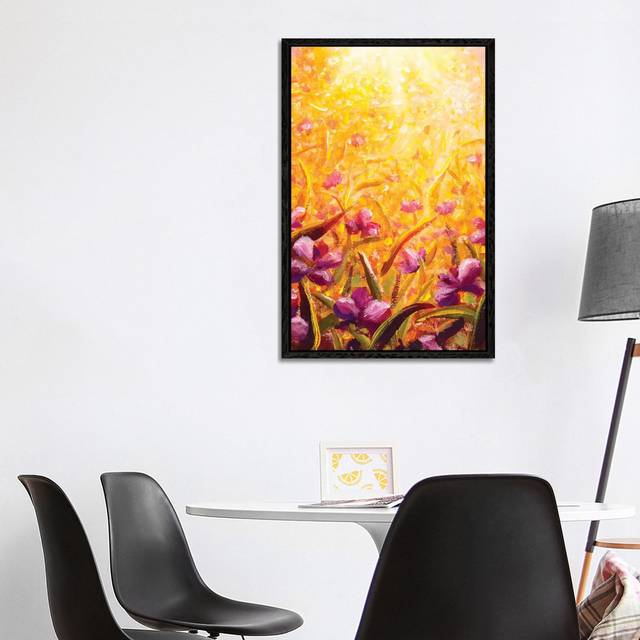 Beautiful Flowers in Sunshine on Yellow Background by Valery Rybakow - Painting on Canvas - Black Floater Frame (101.6 cm H x 66.04 cm W)