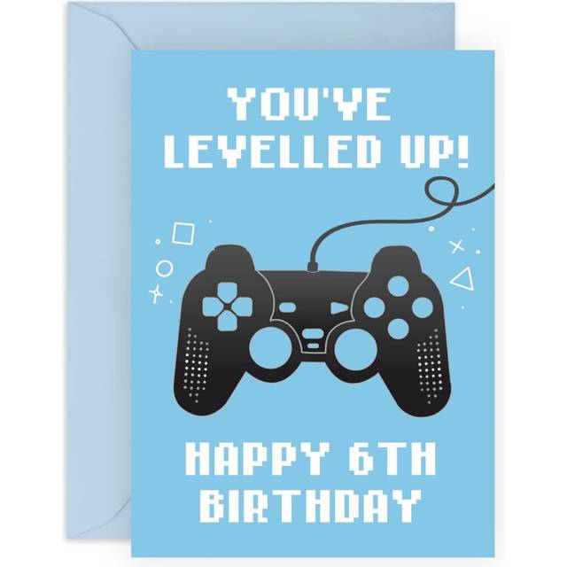 CENTRAL 23 Fun Sixth Birthday Card for Boys - 'You've Levelled Up!' - Happy 6th Birthday - 6 Year Old - Blue Greeting Card for Gamers - For Kids - Gif
