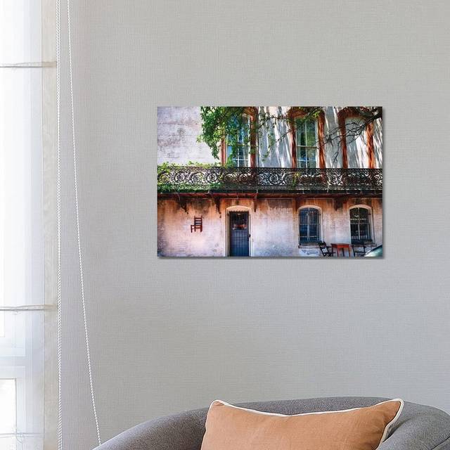 Old House with a Wrought Iron Balcony, Savannah, Georgia by George Oze - Wrapped Canvas Painting (45.72cm H x 66.04cm W x 1.905cm D)