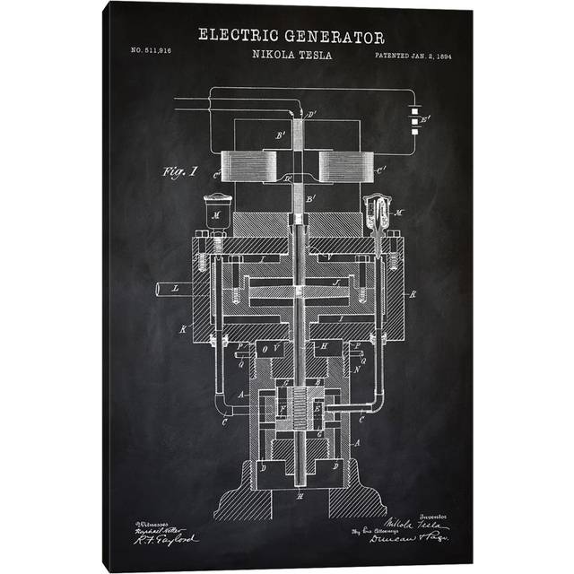 Tesla Electric Generator by PatentPrintStore - Wrapped Canvas Art Prints (101.6 cm H x 66.04 cm W x 1.91 cm D)